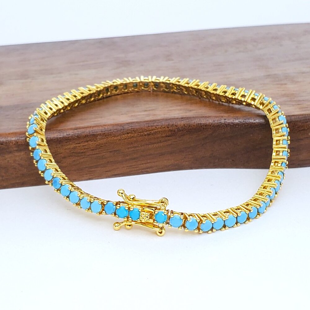 14K Gold Womens Natural Turquoise Gemstone Tennis Bracelet 14 K Silver Jewelry - Picture 3 of 6